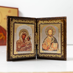 Small Wooden Diptych Icon of Jesus Christ and Holy Theotokos , Greek Orthodox Icon Diptych, Father's Day , Home Decor.