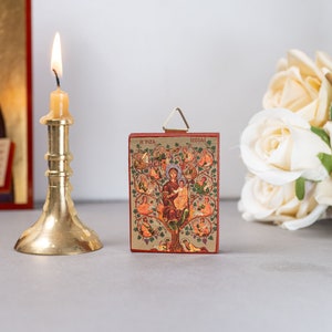 Pequeño icono cristiano de madera La Virgen María "Árbol de Jesé", arte griego bizantino en tonos dorados y plateados tallados, increíble idea para regalo.