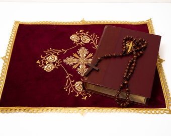 Christian Embroidered Altar Cloth (velvet and satin) with Flowers and Cross, Featuring an Elaborate Embroidered Border.