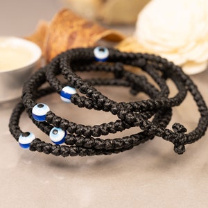 Unisex Handmade Komboskini in Black Colour with eye bead (1pcs) Orthodox Bracelet, Waxed Thread with Beads