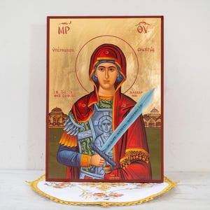 Grande icona della Vergine Maria protettrice, Panagia Hypermacho, arte bizantina realizzata a mano.