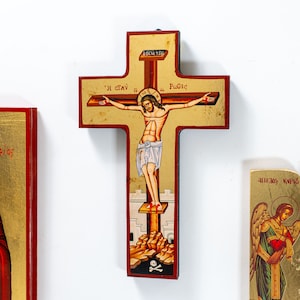 Crucifixion of Christ  Hanging Wall wooden Plaque Cross with Aging Technique  Byzantine art wall hanging.