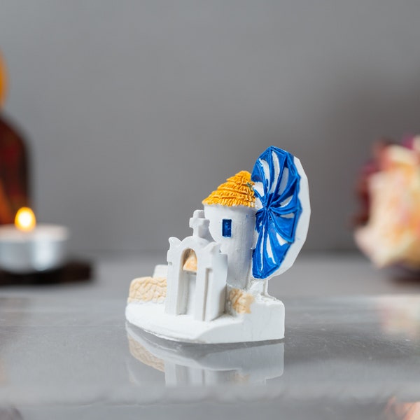 Miniature ceramic Greek windmill with small Church, capturing the essence of traditional Greek island-Perfect for Home and Space Decoration.