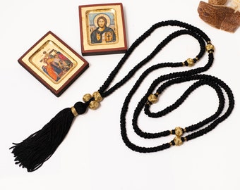 Original Athonite Christian Prayer Rope 300 knots ,Height: 92cm(36.2) in golden Thread (Karidokompos) Original handmade in Greece.