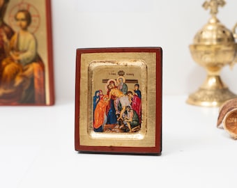 Descent from the Cross, Deposition of Christ in Small Wooden Icon Aging Technique Byzantine art in a gold leaf With amazing details.