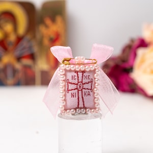 Greek Orthodox Protection Amulet, Filakto with ICXC NIKA in Pink Color and Pink ribbon  - From Monastery in Tinos Island ,In a gift box .