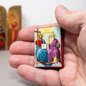 Small Wooden Christian Neoclassical Icon with Holy Trinity in Premium quality Icon with amazing detail  - Greek Icon .