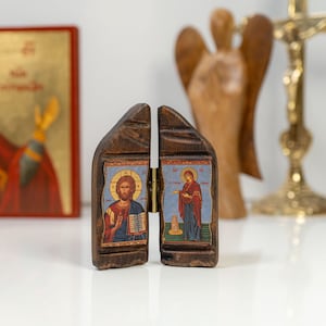 Tiny Wooden Diptych Icon of Jesus Christ and Holy Theotokos , Greek Orthodox Icon Diptych, Father's Day , Home Decor.