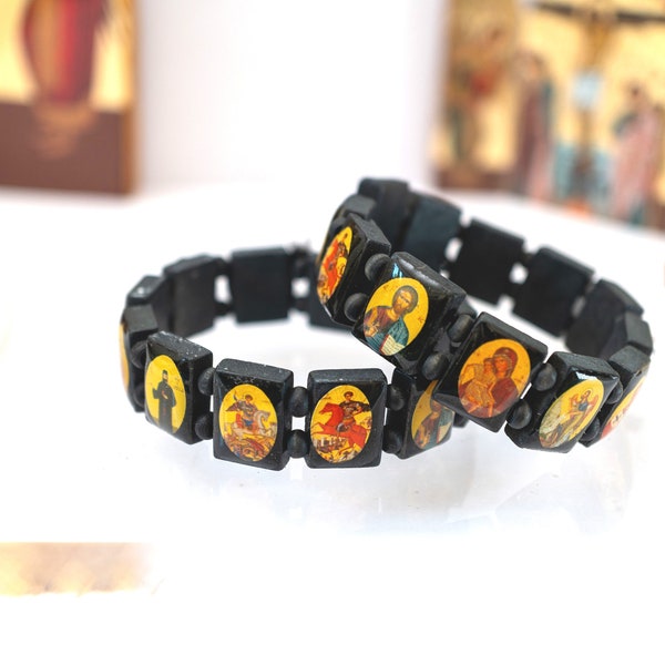 Orthodox Wooden Bracelet with icons (1Pcs) , Saint Bracelet, Christian Bracelet, Protection Bracelet