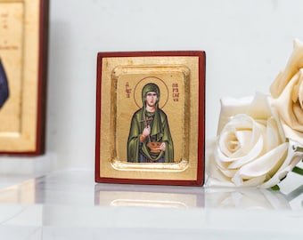 Saint Paraskevi Small Wooden Icon – Byzantine Art with Aging and Gold Leaf