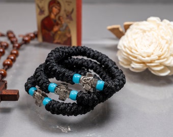 Prayer Rope elastic with Metal Cross in Black color (1Pcs)  with Cyan Beads - Christian Gift- 33knots.