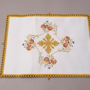 Christian  Embroidered Altar Cloth with Flowers and Cross, Featuring an Elaborate Embroidered Border.