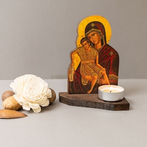 Christian small Iconostasis for reso candle with Holy Virgin Mary , Handmade Orthodox shrine of Our Lady "Theotokos"