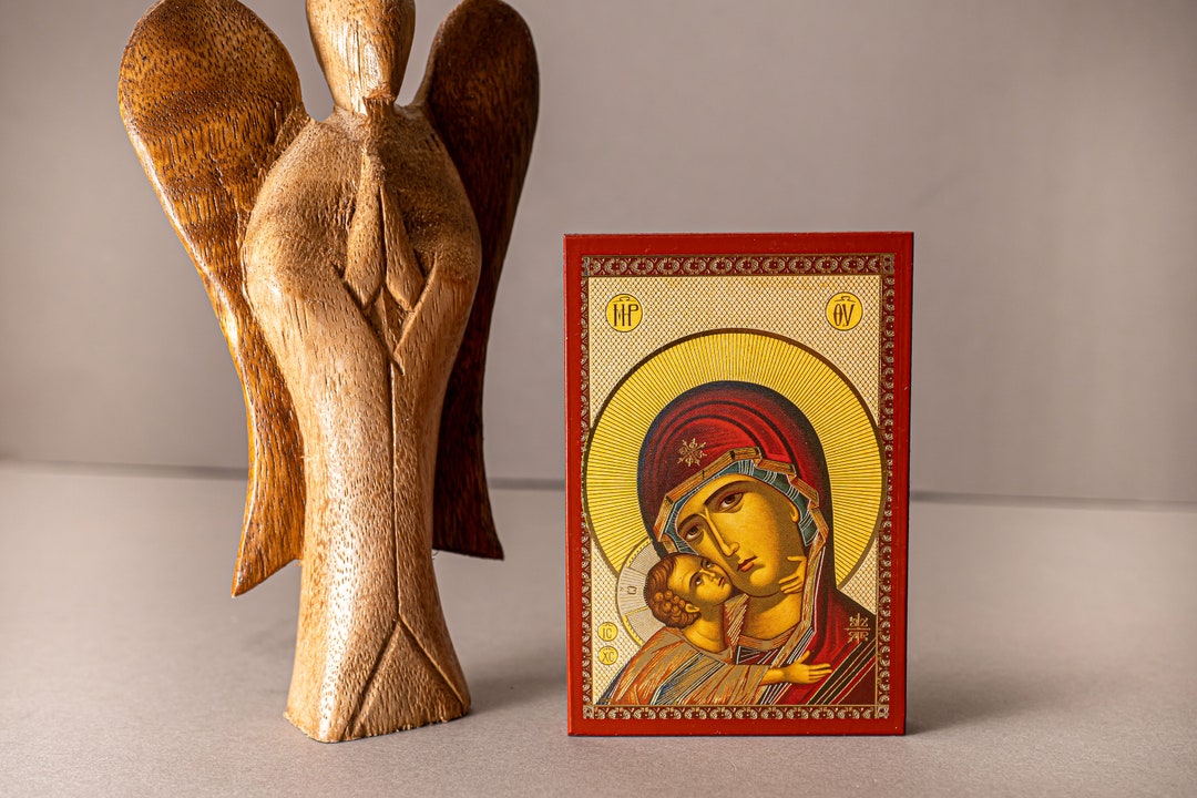 Small Icon With Virgin Mary Sweet Kiss and Jesus Christ Flat Icon With ...