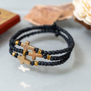 Unisex Handmade Komboskini in Black Colour with cross (Gold Plated) (1Pcs) Orthodox Bracelet, Waxed Thread with Beads - Christian Gift.
