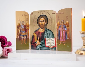 Wooden Triptych Christian Icon, Jesus Christ and Archangels, Byzantine Art