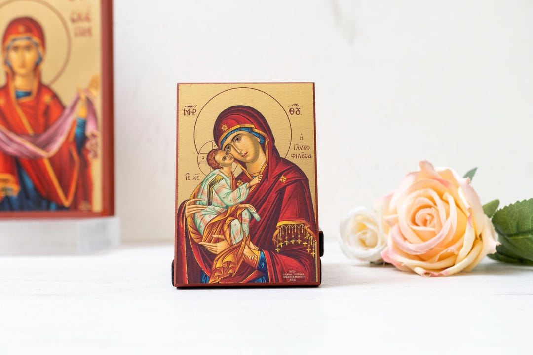Panagia Glykophilousa Greek Icon - Sweet Kissing Virgin Mary - Handmade ...