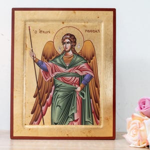 Icône faite main Saint Archange Raphaël Art byzantin en feuille d'or, Technique de vieillissement