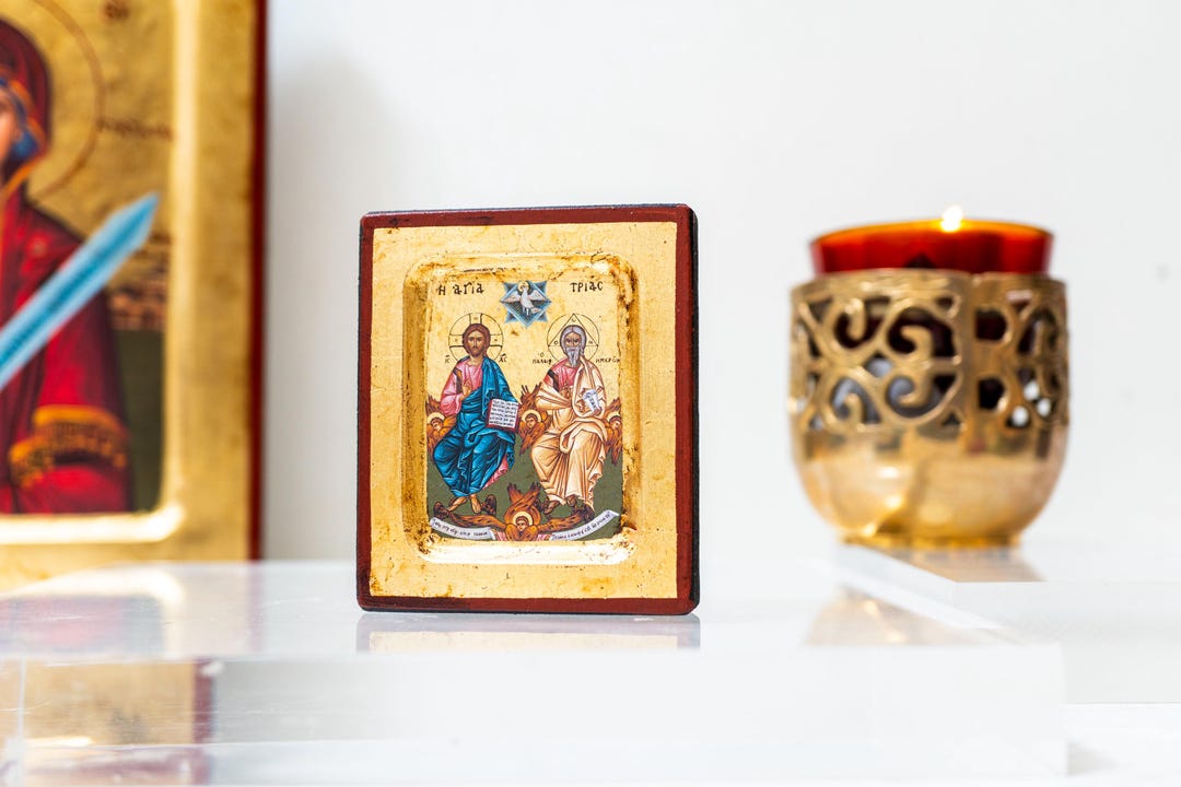 Golden Holy Trinity Holy Trinity in Small Wooden Icon With Aging Technique in Golden Leaf ...