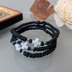 Unisex Handmade Komboskini in Black Colour with White cross Orthodox Bracelet, Waxed Thread with BeadsChristian Gift.