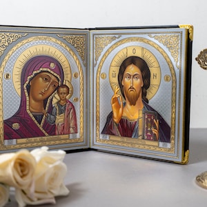 Diptych Icon with Majestic Depiction of Jesus Christ and Holy Theotokos in Orthodox Art – A Precious Gem for Inspirational Home Decor