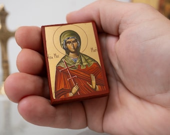 Small Wooden Christian Icon with Saint Marina the Great Martyr in Premium quality Handmade Icon in Gold Leaf ,Byzantine Art.