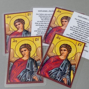Cartes orthodoxes laminées avec l'ange Guardia et le Notre Père par derrière (en anglais ou en grec) par derrière, lot de 10 cartes saintes.