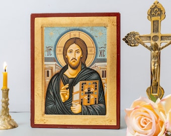 Jesus Christ of Sinai handmade Icon: Byzantine Art in Gold Leaf, Aging Technique