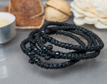 Komboskini in Black color with stone beads -unisex komboskini- Prayer Bracelet, Prayer Rope -Thread waxed thin with beads - Christian Gift.