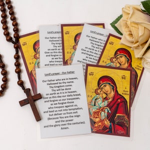 Carte laminate ortodosse con la Vergine Maria e la preghiera del Signore (in inglese) da dietro, set di 10 immagini sacre, icone tascabili
