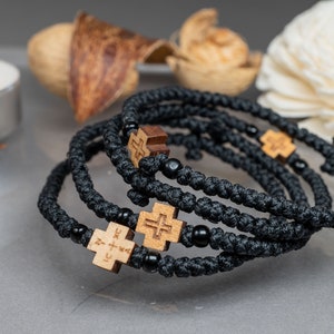 Komboskini with engraved Wood Cross in both sides -unisex komboskini- Prayer Bracelet,Thread waxed thin with beads - Christian Gift.