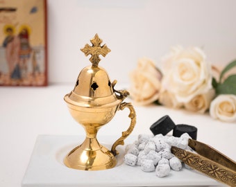 Kleine koperen wierookbrander met gesneden handvat - Parfumbrander - met handvat Christelijk artefact met gratis geschenken