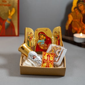 Perfect Christian Gift Set with Small triptych - Anointing Oil - Wooden Cross and an Amulet in a box.
