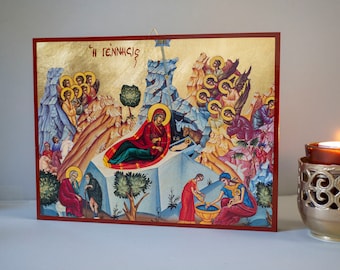 Handmade Greek icon, Nativity Jesus Christ icon, Birth of Jesus  Byzantine art wall hanging canvas wood plaque, 3 sizes.