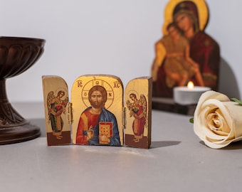 Miniature Carved Wood Triptych Icons With Jesus Christ, Greek Orthodox Icon Triptych, Home Decor.