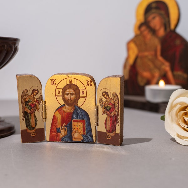 Miniature Carved Wood Triptych Icons With Jesus Christ, Greek Orthodox Icon Triptych, Home Decor.