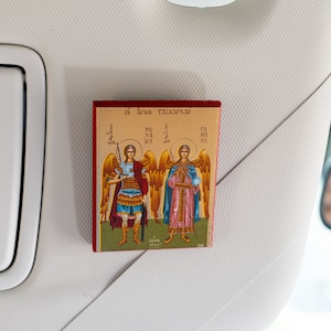 For your car Wooden Byzantine Christian Icons with Archangels Michael and Gabriel (The Protectors)  amazing idea for your car,Office etc
