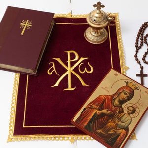 Christian Embroidered Altar Cloth (velvet and satin) with CHI-RHO Christian symbol , Featuring an Elaborate Embroidered Border.