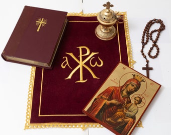 Christian Embroidered Altar Cloth (velvet and satin) with CHI-RHO Christian symbol , Featuring an Elaborate Embroidered Border.