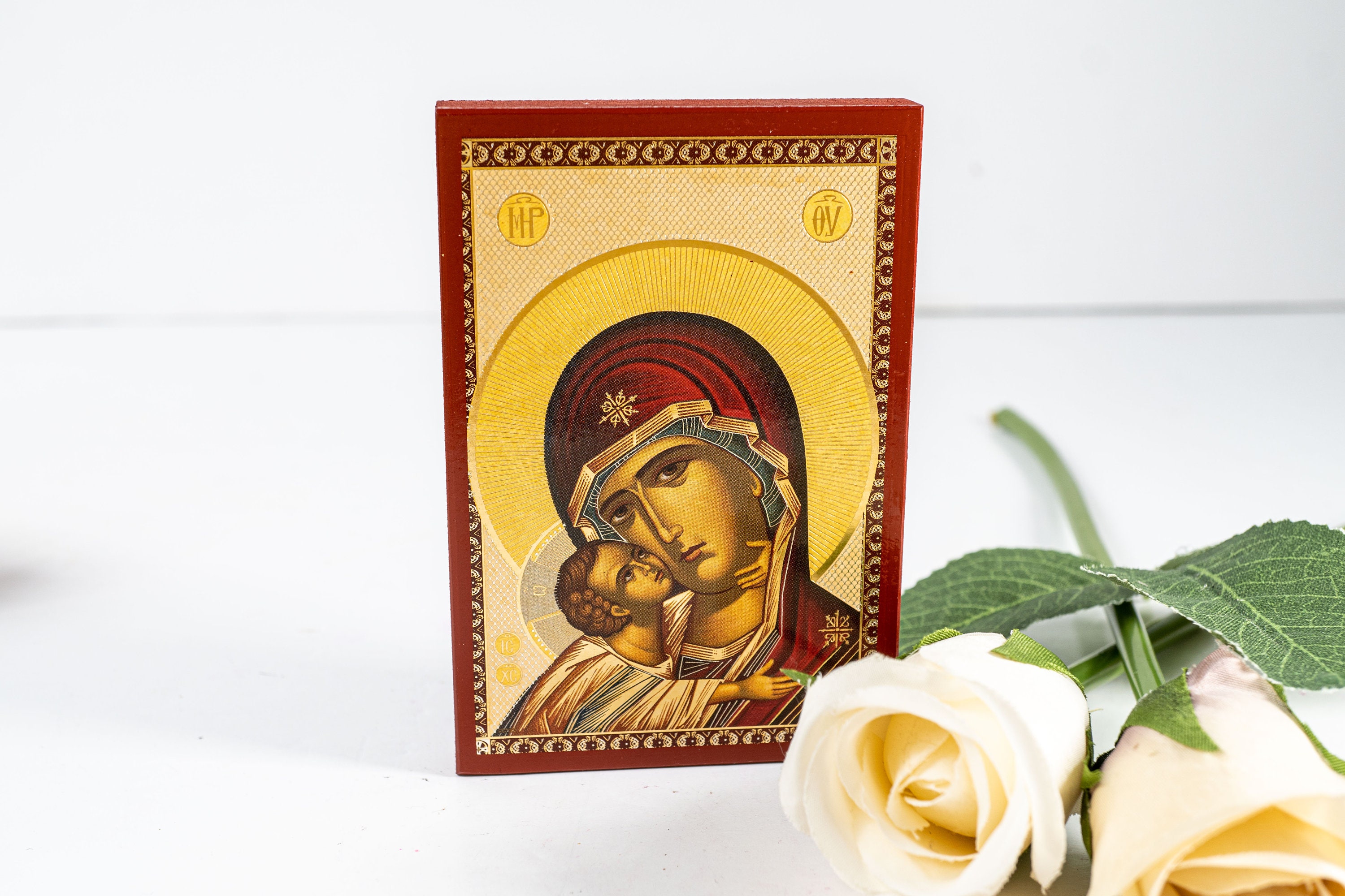 Small Icon With Virgin Mary Sweet Kiss and Jesus Christ Flat Icon With ...