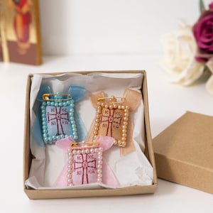 Set of 3 Christian Protection Amulets , Filakto with ICXC NIKA in three  Colors -From Monastery in Tinos Island ,In a gift box .