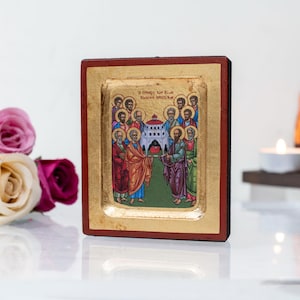 Synaxis of the Holy Twelve Apostles Handmade Greek Icon – Small Aged Wooden icon with Gold Leaf and Intricate Details ,wall hanging.