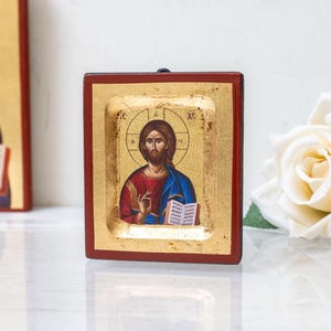 Jesus Christ Giving His Blessing,Handmade Christian Small Icon with Aging Technique in a gold leaf with amazing Detail Byzantine Art.