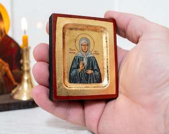 Handmade Saint Matrona Small wooden Icon: Byzantine Gold Leaf Art