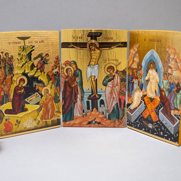 Christian Wooden Carved Triptych with the life of Jesus Christ A beautiful triptych with all the feastsof Christ Birth-Crucifixion-resurrect