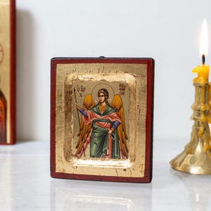 Saint Raphael-aartsengel Raphael - in klein houten handgemaakt icoon Verouderingstechniek Byzantijnse kunst in bladgoud Met verbazingwekkende details.