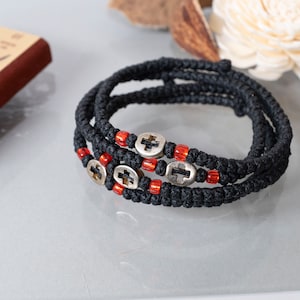 Unisex Handmade Komboskini in Black Colour metal elements and engraved CrossOrthodox Bracelet, Waxed Thread with Beads