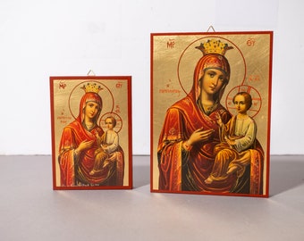 Handmade Greek Orthodox Icon with The Virgin Mary Gorgoepikoos ,Theotokos Byzantine art wall hanging wood plaque