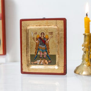 Saint Michael Panormitis -Archangel Michael in Small Wooden Handmade Icon Aging Technique Byzantine art in a gold leaf With amazing details.