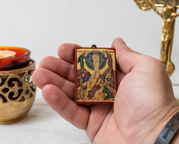 Pocket Wooden Christian Icon with The  Metamorphosis of Jesus Christ (Transfiguration) in Premium quality Handmade Icon in Gold Leaf .